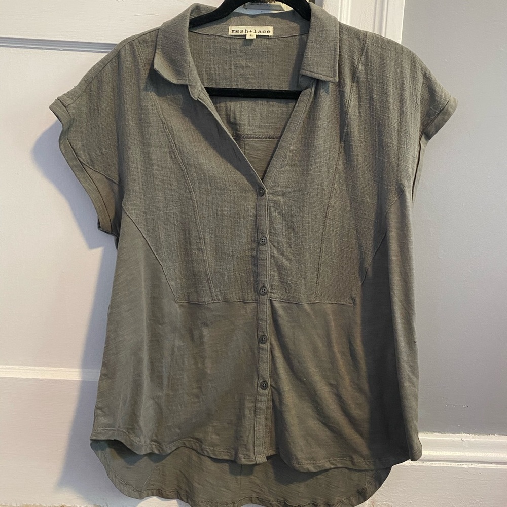 Mesh + Lace Green Linen Blend Button Down Tee